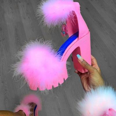 China New Latest Design Super Shoes Anti-Slippery Women's Pumps Chunky Block High Heel Fur PU OEM Rubber Heeled Sandals (8cm) as picture / OEM NC; ZHE for sale