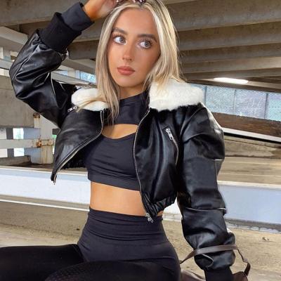 China QUICK DRY new arrivals fall 2021 black leather jacket ladies furry leather jacket women's clothing wholesale furry leather crop for sale