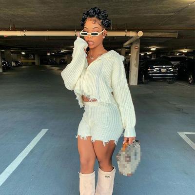 China Waterproof Women Short Set New Arrival 2021 Autumn Winter Plus Size Knitted Long Sleeve Cropped Hoodie Thin Shorts Two Piece Set For Women for sale