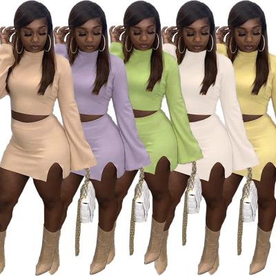 China New Arrival BOYI QUICK DRY Plus Size Solid Color Crop Top Mini Slit Skirts 2 Pieces Set Outfits For Women for sale