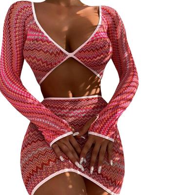 China BOYI Hot Selling QUICK DRY Printed 2 Piece Mesh Tops Bodycon Transparent Long Sleeve Crop Mini Skirts Set For Women for sale