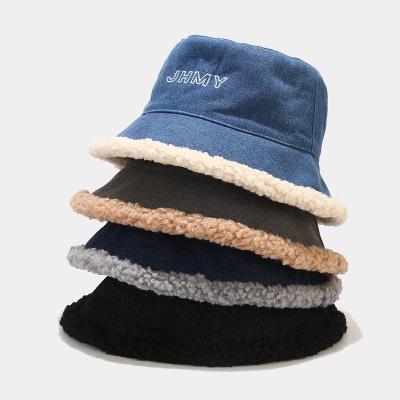 China 2021 Winter Vintage Embroidery Soft Cozy Hat 4 Color Reversible Furry Letters Lamb Wool Fleece Jeans Warmth Fur Bucket Hat For Women Fall for sale