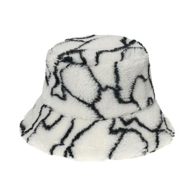 China 2021FW Winter Hat 3 Colors New Design Wave Fur Bucket Soft Printed Fluffy Hat Wholesale Soft Cozy Striped Lamb Hairy Wool For Women Autumn for sale