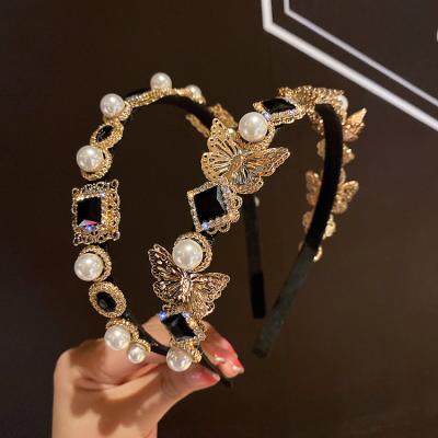 China European and American Style Women's Luxury Hair Band Hair Accessories Butterfly Crystal Pearl Bead Lace Knot Handmade Headband New Arrived Korean for sale