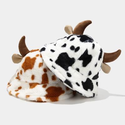 China 2022 Wholesale Fashion Winter Designer Soft Comfortable Hat With Ox Horn Cow Hairy Print Rabbit Hair Fur Warmth Women Cute Soft Bucket Hat for sale