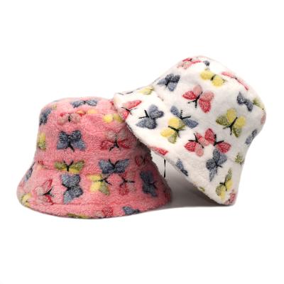 China 2022 New Arrival Winter Vintage Vintage Fur Bucket Hat Women Fisherman Hat Soft Colorful Custom Printing Unisex Furry Comfortable Soft Butterfly Warm Bucket Hat for sale