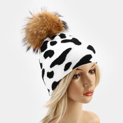 China COMMON Designer Fashion Custom Copy Unisex Beanie Hat Men Women Outdoor Pom Pom Fur Knitted Leopard Cow 2021 Winter Hat 5 colors for sale