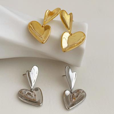 China TRENDY Korean Minimalist Designer 14K Gold Plated Double Heart Dangler Drop Earrings Personalized Vintage for sale