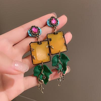 China 2021 TRENDY Designer Vintage Crystal Long Dangler S925 Sterling Sliver Pin Gold Plated Rhinestone Flower LeafDrop Earrings Korean Earrings for sale