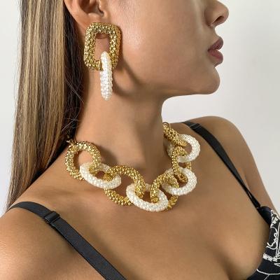 China TRENDY Designer Ladies Statement Earrings and Necklace Gold Plated Personalized Cuban Link Fashion Chain Jewelry Set For Women for sale