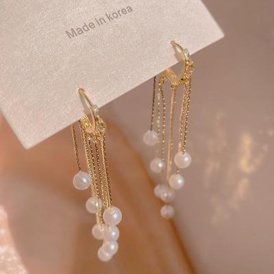 China 2022 Trendy Fashion Women Designer Personalized Gold Plated Long Pearl Korean Minimalist Tassel Earrings for sale