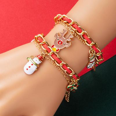 China Festival Christmas Jewelry Women 2021 Dripping Oil Gold Snowman Multi Layer Chain Pu Christmas Tree Charm Leather Bracelets & Bangles for sale