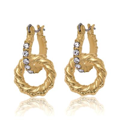 China 2022 Trendy Statement Designer Charm 14K Geometric Gold Plated Twist Circle Crystal Rhinestone Paved Drop Earrings For Women for sale