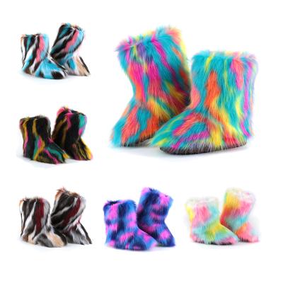 China Light Up 2021 New Arrivals 14 Colors Fur Snow Boots For Women Shoes Fashion Medium Tube Link Dye Faux Furry Women Snow Winter Boots for sale