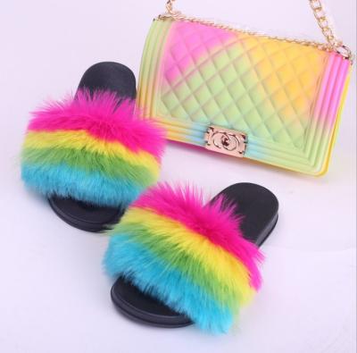 China Wholesale Fashion Fur Dye Printing 2021 New Arrival BOYI Link Slippers Flat Shoes And Handbag Ladies And Bag Sets For Women for sale