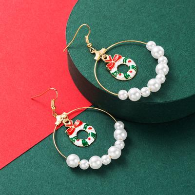 China Fashionable Wholesale 2021 Festival Circle Christmas Jewelry Gold Festival Gift Statement Christmas Wreath Big Bead Drop To Dangle Earring Women for sale