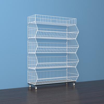 China Easy Viable To Assemble Foldable Wire Mesh Stacking Basket Stand, Mobile Layered Wire Basket Display Stand for sale