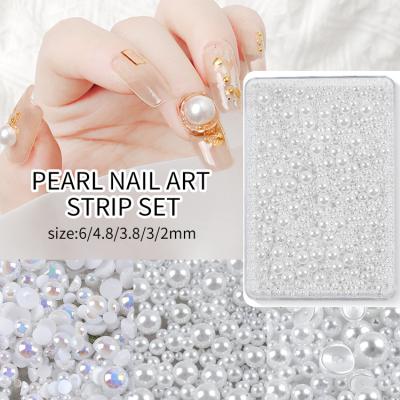 China Resin Beauty Pearl Nail Art Strip Set Size 6/4.8/3.8/3/2mm Aurora Semi Round Pearl Round Mixed White Boxes 3D Nail Accessories for sale