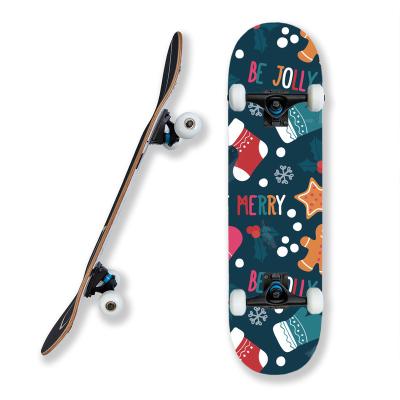 China Youth Christmas Style Gift Wholesale 7ply Maple OEM Logo Complete Skateboard With 52*32mm PU Wheels Custom Double Kick Skate Board foot for sale