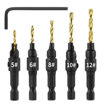 China Professional Quick-Change 5-Pc Drill Bit Countersink Wood Drilling Adjustable Drill Bit Set For Metal Woodworking Aluminum Plastic for sale