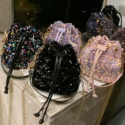 China 2022 New Fashion Fashion Sequins Leather Trim Lady Delicate Luxury Bucket Purses Designer Handbags Bags For Women for sale