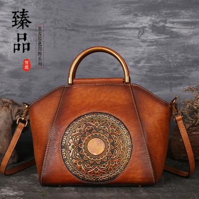 China GENUINE LEATHER textured leather crenel Tote Bag first layer cross embossed shoulder diagonal by 2022 ladies handbag one for sale