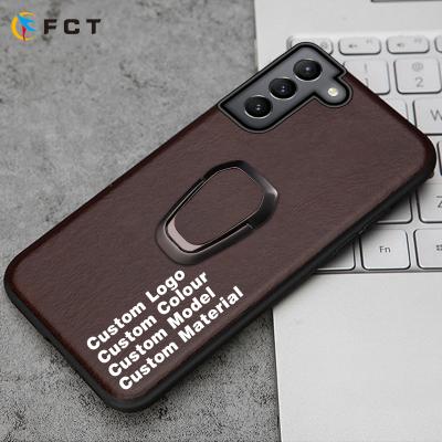 China Business Realleather Shockproof Phone Case With Magnetic Metal Holder Ring Suction Support Phone Cover For Samsung S21 for sale