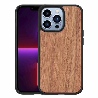 China Unique Design Shockproof Phone Case PC With Wooden Back Phone Cover Custom UV Print For iPhone 13 Cell Phone Case for sale