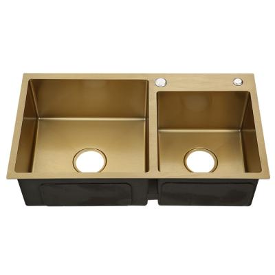 China Without Faucet Factory Hot Selling Golden Kitchen Double Sink 304 Stainless Steel Under Mount Kitchen Sink Gold for sale