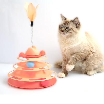 China Viable Pet Accessories Feather Dog Cat Teaser Stick Space Tower Pet 4 Layer Iesinteractive Cat Toy Cat Turntable for sale