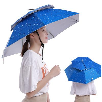 China Modern Portable Double Folding Outdoor Hat Umbrella Printed Advertising Sunshade Fish Helmet Head Umbrella for sale