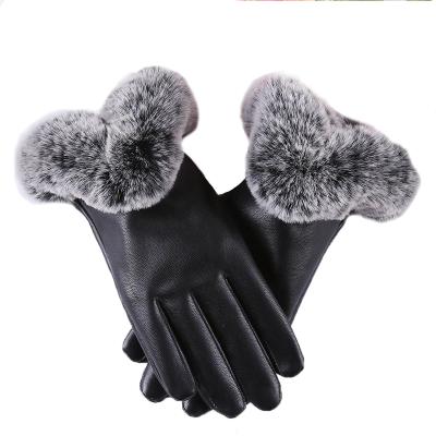 China Touch Screen Good Quality Warm Fur PU Black Leather Gloves Fashion Gloves For Women for sale