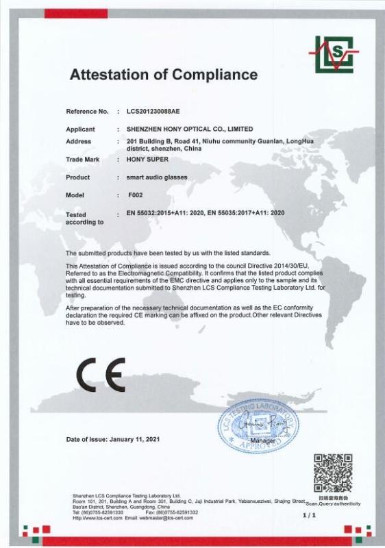 CE - Shenzhen Hony Optical Co., Limited