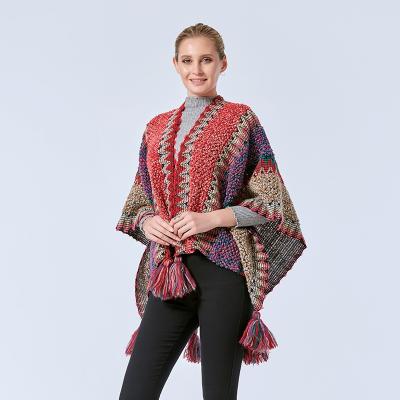 China Wholesale Women's Style Vintage Pattern Tassel Poncho Shawl Cape Fashionable Striped for sale