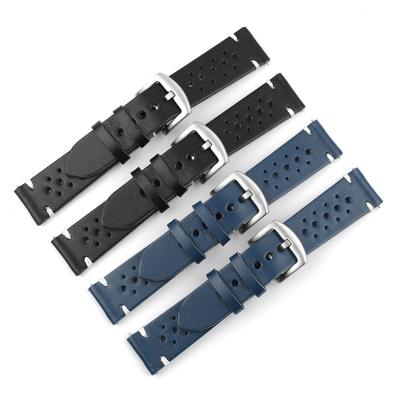 China Durable Soft Genuine Perforated Leather Band Black Blue Yellow Coffee Watch Band 18mm/20mm/22mm for sale