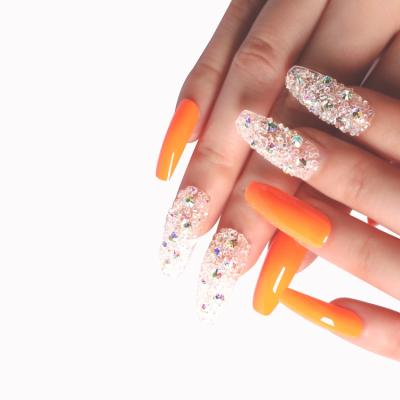 China Custom Fashion Rhinestone Decoration Press On Nail Box Packing Orange Coffin Fake Acrylic Nails Long Press On Nails With Diamonds for sale