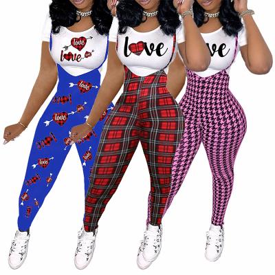 China New Viable Short Sleeve Crew Neck Strap Plaid Printed Plus Size Womens Clothing Two Piece Pants Set Women for sale