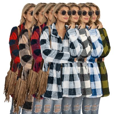 China New Arrival Fuzzy Turn-Down Collar Plaid Printed Women's Long Sleeve Cotton Trench Coats Breathable Jackets for sale