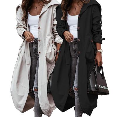 China Breathable Factory Outlet Long Sleeve Hooded Single Button Pockets Solid Color Womens Long Jackets Coats for sale