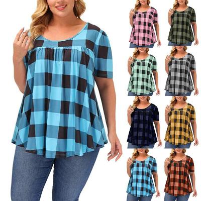 China 2021 Viable New Fashion Shorts Sleeve Crewneck Plaid Printed Plus Size Women's Tops T-Shirt for sale