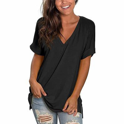 China 2021 fashion new soft comfortable v-neck anti-pilling short sleeve tops solid color women's T-shirt for sale