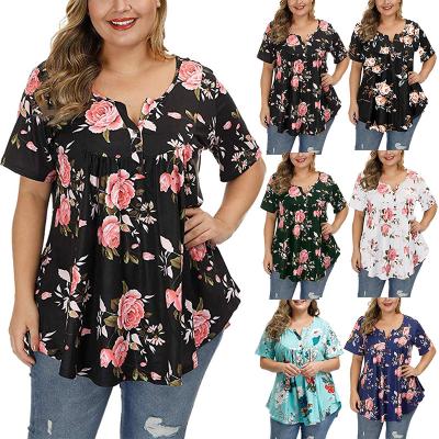 China 2021 New Viable Fashion Crewneck Short Sleeve Pleated Floral Printed Plus Size Women's T-shirt for sale