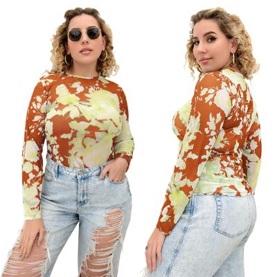 China 2021 New Fashion Viable Sexy Crew Neck Long Sleeve Floral Printing Plus Size Women's T-shirts for sale