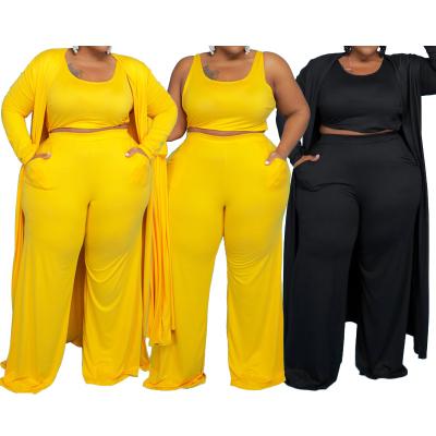 China Sustainable New Design Long Sleeve Coat Crewneck Invest Solid Color Plus Size Womens Pants Set Three Piece Set for sale