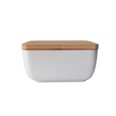 China 2022 Popular Custom Matte Restaurant Rectangle Color Amazon Design Stocked Ceramic Butter Dish With Bamboo Lid Butter Container for sale