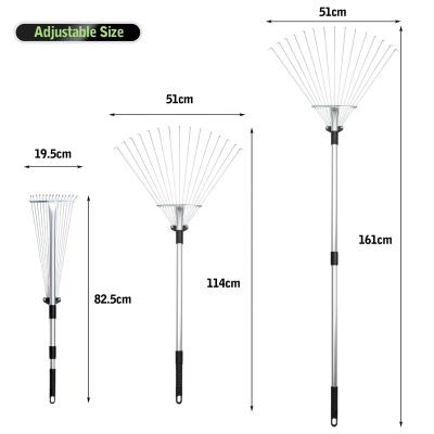 China Garden Work 15 Teeth Aluminum Long Handle Adjustable Telescopic Garden Hand Metal Leaf Rake for sale