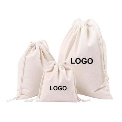 China Custom Eco-Friendly Cotton Organic Muslin Calico Fabric Canvas Folding Promotional White Drawstring Bag Large Small Logo Printing for sale