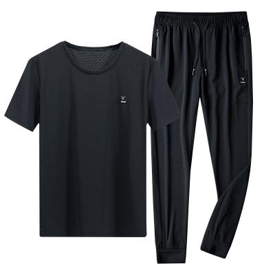 China QUICK DRY casual men's summer slim sports suit sets Two-pieces stretch short-sleeved ice silk sportswear for sale