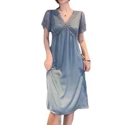 China Wholesale Breathable Summer Elegant Women Sleepwear Lace Up V Neck Lady Sleep Dress With Shorts Sheath Female Satin Pajamas Sets for sale