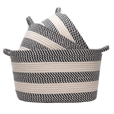 China Sustainable Custom Organic Fabric Handle Shopping Baskets Cotton Rope Basket Set Of 3 for sale